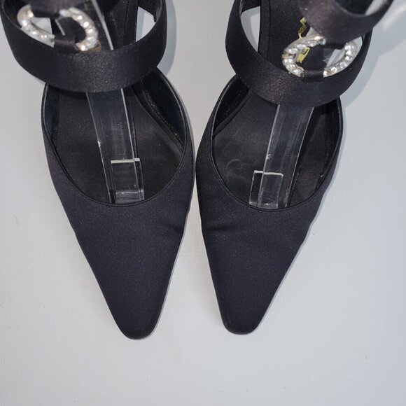 Nina Black Sateen Ankle Strap Heels W/Rhinestone Embellishment Women's Size 6.5 - Picture 5 of 13